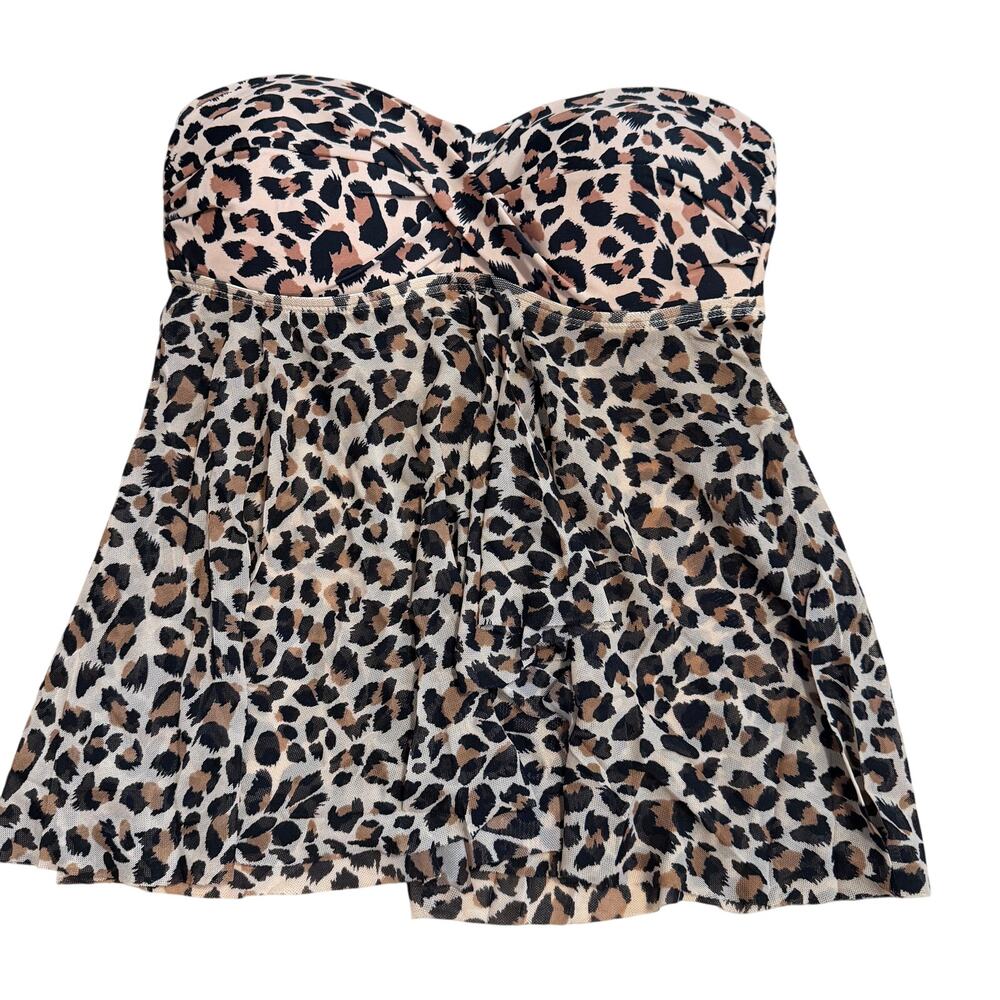 Kona Sol Women's Leopard Print Bandeau Mesh Flyaway Tankini Swim Top - XS - NWT
